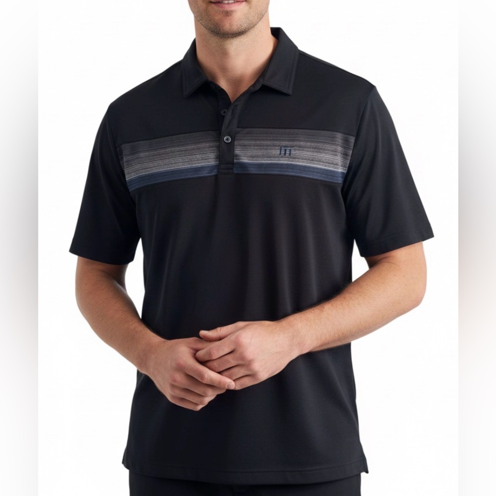 Travis Mathew Men's Climbing Wall Short Sleeve Striped Black Polo Shirt Size XL